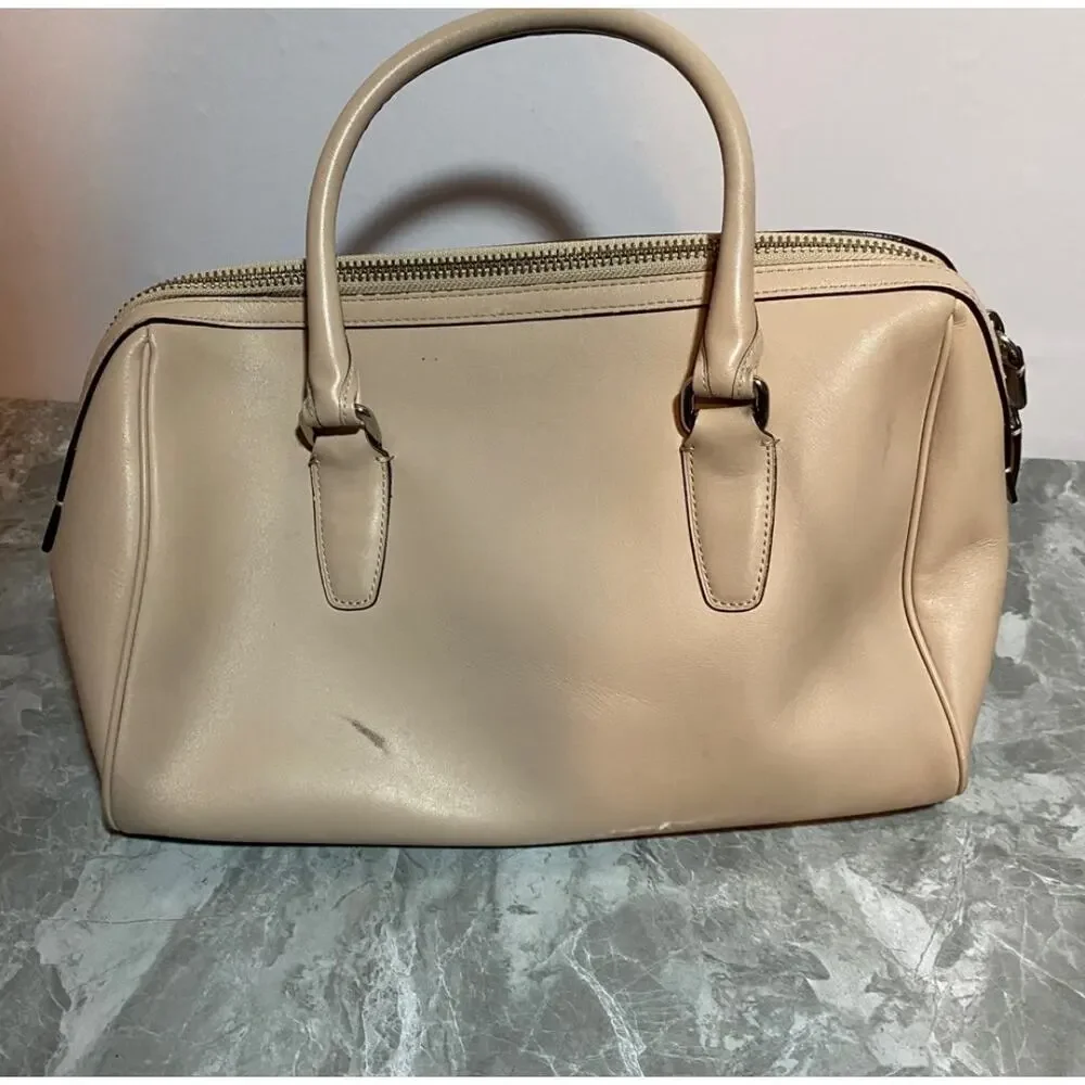 Coach Haley Light Nude Perforated Leather Top Handles Zipper Satchel Bag